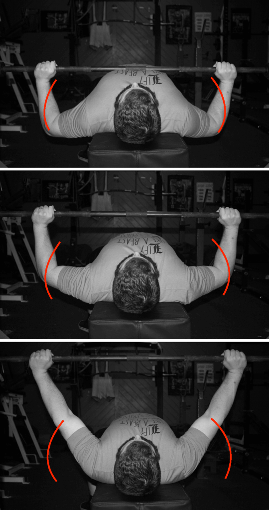 This is the path the elbows follow in the bench press. In the second pic (when the elbows are the furthest out), triceps demands peak.