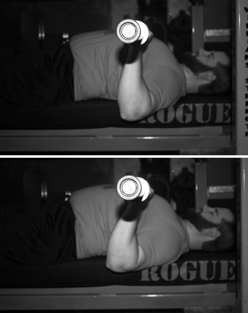 Top: Elbows roughly under the bar Bottom: Elbows over-tucked and in front of the bar, making the lift harder on the triceps.