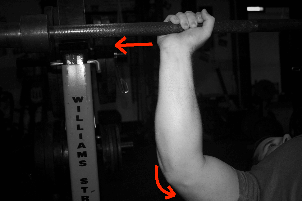 As the triceps contract, that tries to push the forearm laterally. It DOESN'T directly press the bar up.